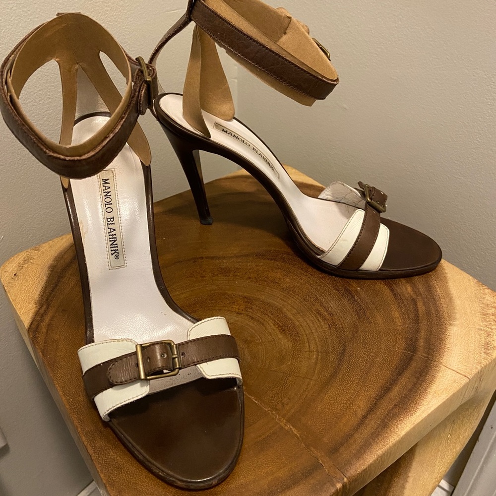Manolo Blahnik Brown and White Leather Ankle Strap Heels